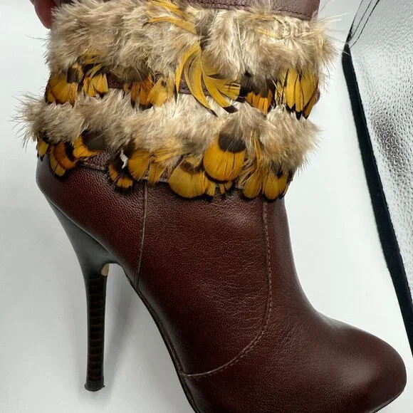 Bebe Vintage Brown Leather Feather-Trimmed Stiletto Boots – Size 6 Used - Picture 2 of 7